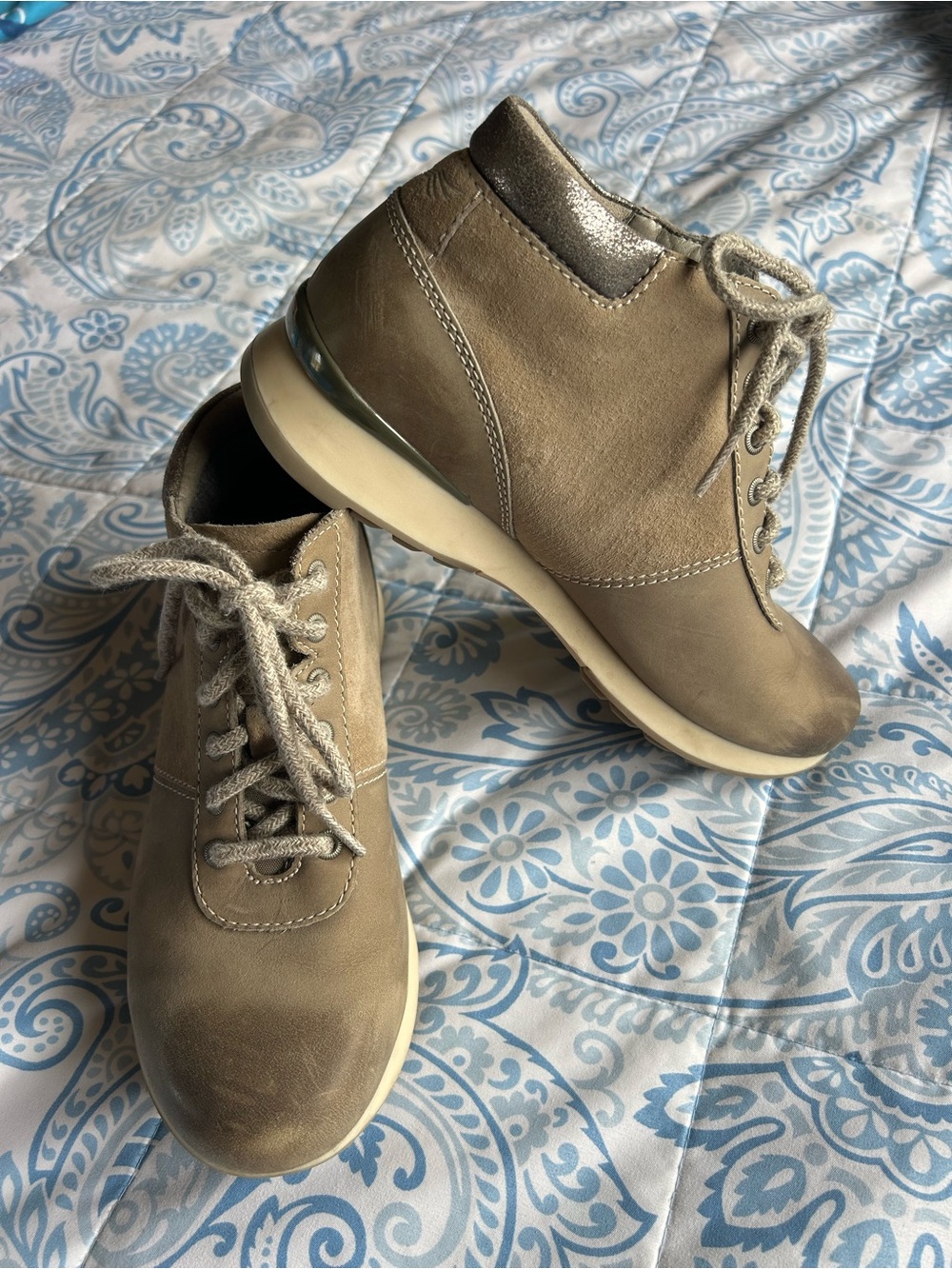 Dansko Ginny Burnished Tan Taupe Shimmer Leather Sneaker Ankle Boots